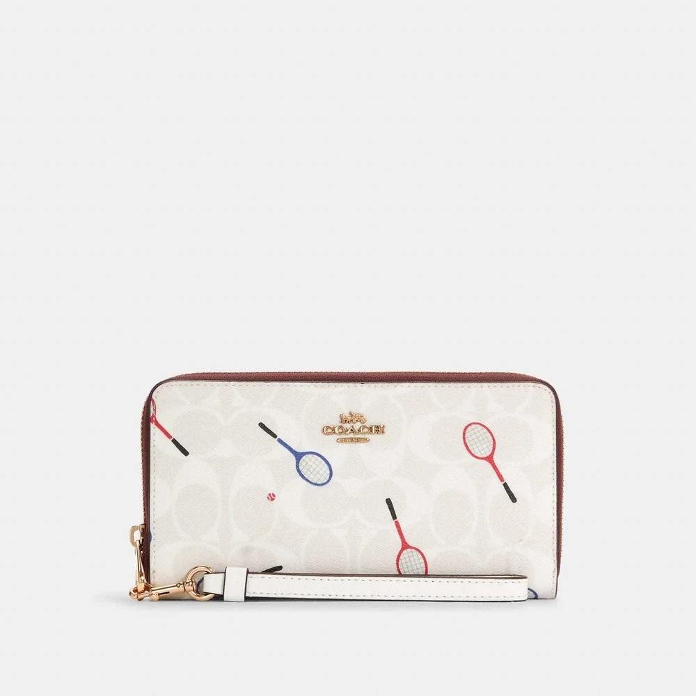 Coach Long Zip Around Wallet Women OS White NWT Signature Canvas Racquet Print